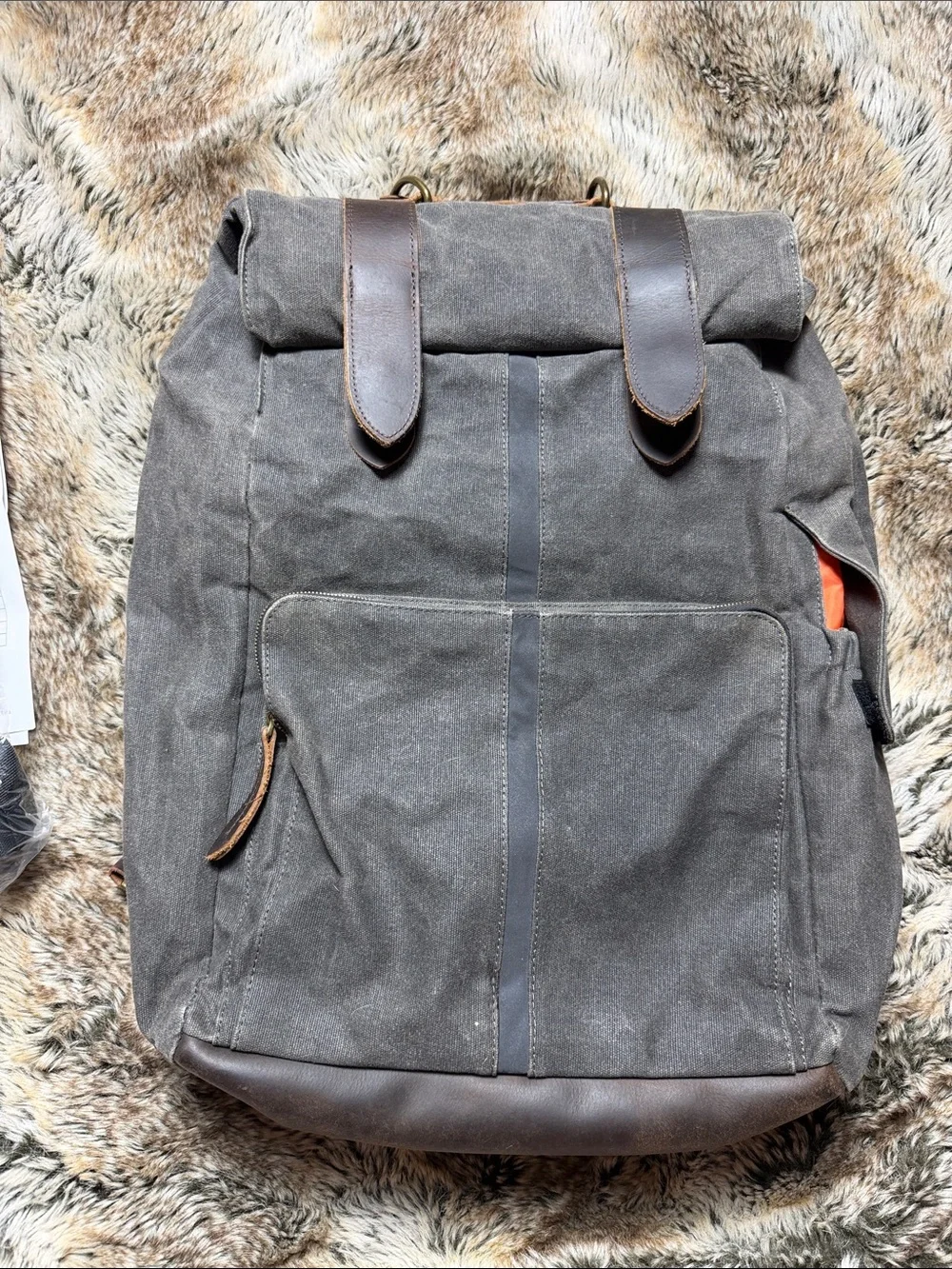 Harley-Davidson Gray Waxed Canvas Roll-Top Backpack with Brown Trim
